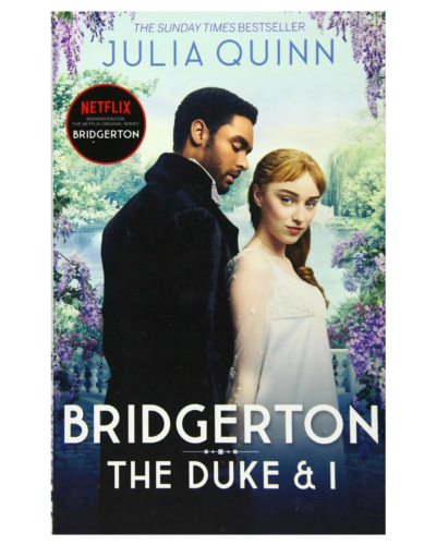 Book cover for Bridgerton: The Duke and I by Julia Quinn, showing a man and woman standing back-to-back in a garden with purple flowers.