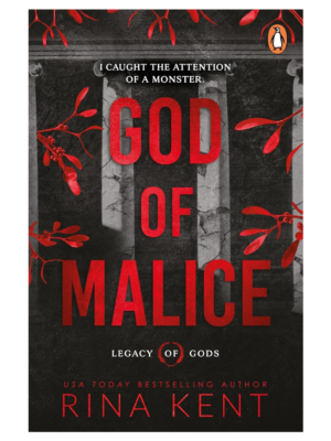 God of Malice Book cover for 'God of Malice' by Rina Kent, dark background with bold red title text and subtle red branches.
