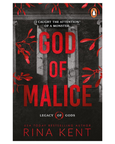 Book cover for 'God of Malice' by Rina Kent, dark background with bold red title text and subtle red branches.