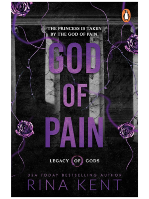 Book cover for 'God of Pain' by Rina Kent, with large purple title on a dark, cracked background and purple roses.
