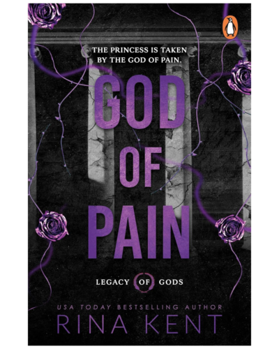 God of Pain | Book Mania Book cover for 'God of Pain' by Rina Kent, with large purple title on a dark, cracked background and purple roses.