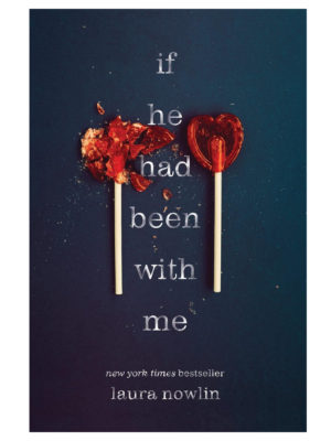Book cover for 'If He Had Been with Me' showing two heart-shaped lollipops on a dark blue background with scattered candy shards and the title vertically stacked in gray letters.