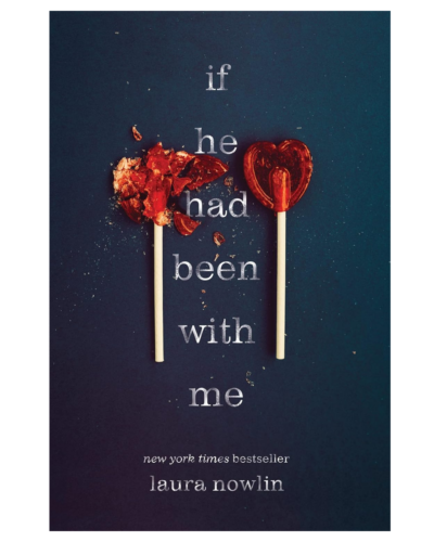 Book cover for 'If He Had Been with Me' showing two heart-shaped lollipops on a dark blue background with scattered candy shards and the title vertically stacked in gray letters.
