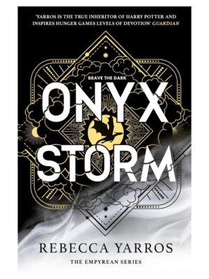 Book cover for 'Onyx Storm' by Rebecca Yarros, The Empyrean Series, with bold white title over gold geometric and stormy background imagery.