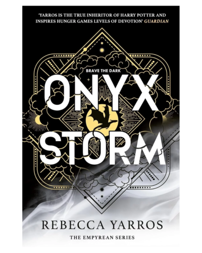 Book cover for 'Onyx Storm' by Rebecca Yarros, The Empyrean Series, with bold white title over gold geometric and stormy background imagery.