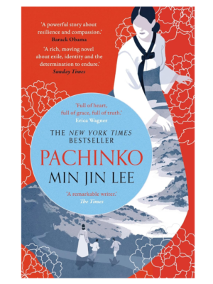 Pachinko Book cover for Pachinko by Min Jin Lee featuring a blue circle title banner over a red floral background with a woman in white attire on the right.