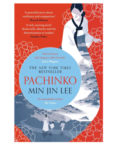 Book cover for Pachinko by Min Jin Lee featuring a blue circle title banner over a red floral background with a woman in white attire on the right.