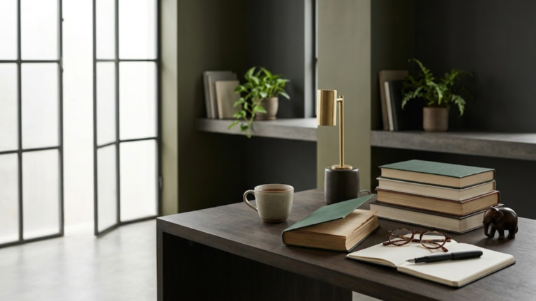 Dark wooden desk with a stack of books, an open notebook, glasses, and a pen beside a coffee mug in a modern office setting.