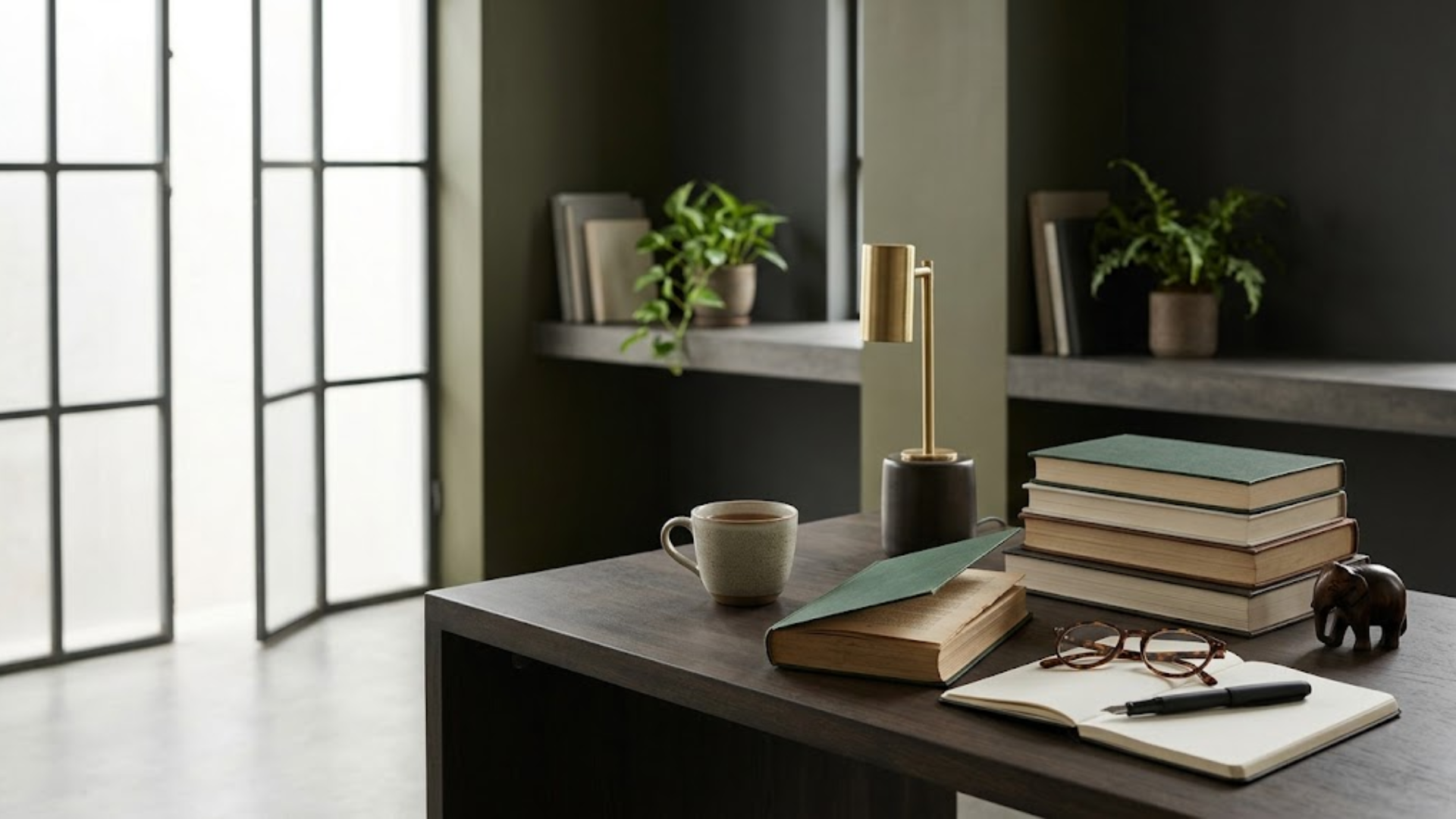 Dark wooden desk with a stack of books, an open notebook, glasses, and a pen beside a coffee mug in a modern office setting.