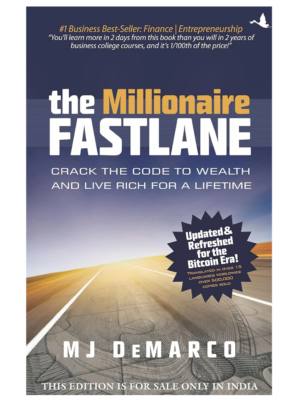 Book cover: The Millionaire Fastlane by MJ DeMarco with subtitle 'Crack the Code to Wealth and Live Rich for a Lifetime'. Includes 'Updated & Refreshed for the Bitcoin Era' badge and 'This edition is for sale only in India' note.