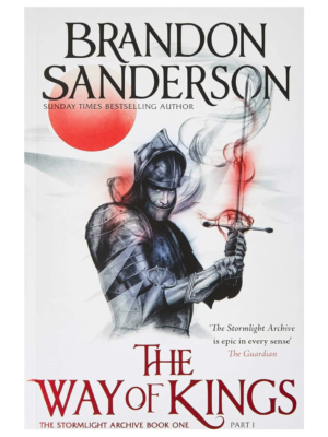 Book cover: Brandon Sanderson's The Way of Kings, showing a armored knight gripping a flaming red-tipped sword against a pale background with a large red sun and bold title text above and below.