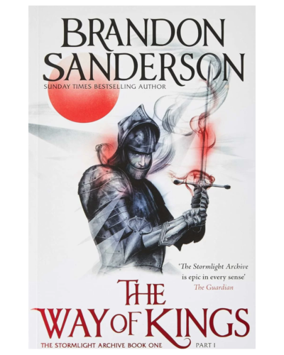 Book cover: Brandon Sanderson's The Way of Kings, showing a armored knight gripping a flaming red-tipped sword against a pale background with a large red sun and bold title text above and below.
